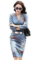 Elasticized   Waistline Spring Fall Denim General Print Belted  Shirt  Dress