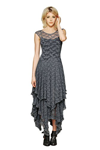 CA Fashion Womens Sleeveless Floral Lace Tiered Long Irregular Party Dress, Grey, Large