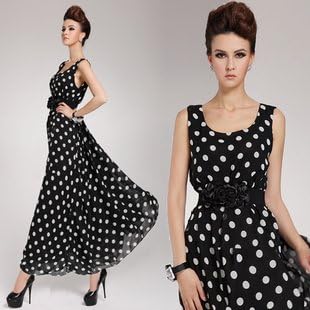 New fashions Polka Dot sleeveless round neck vest dress Party Evening Long Ball Skirt Dress with belt (L)