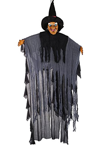 Naice Halloween Decoration 57” Hanging Witch with Creepy Laughter and Lighting Eyes Halloween Haunted House Prop Decor for Home or House Decor