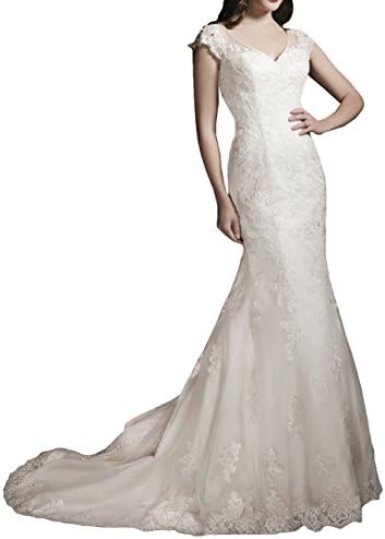 LISTEN TO ME Women's V-neck Cap Sleeve Long Train Bride Mermaid Wedding Dress