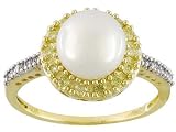 10KT 8MM WHITE CULTURED AKOYA PEARL WITH .21CTW NATURAL YELLOW DIAMOND AND WHITE DIAMOND ACCENT RING