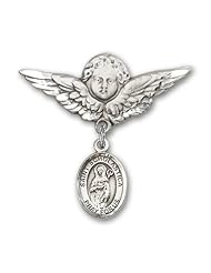 Sterling Silver Baby Badge with St. Scholastica Charm and Angel with Wings Badge Pin