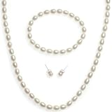 Sterling Silver White Freshwater Cultured Rice Pearl 6-7mm Necklace, Bracelet and Stud Earrings Set