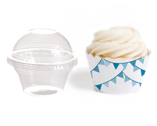 Dress My Cupcake Favor Dome Containers with Wrappers DIY Kit, Blue Flag Pennants, Set of 25