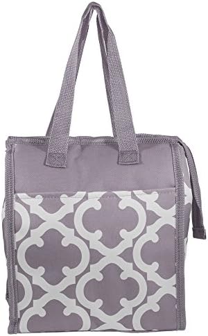 Patterned Polyester Insulated Reusable Zipper Lunch Bag (Gray Quatrefoil)