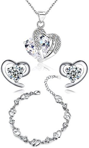 Leaf Heart Ladies Swarovski Element Amethyst Red Pink Blue White Crystal Heart Silver Pendant Necklace.+ Earring + Bracelets 。Including Singapore Chain '18 inch 。For Women Girls (White)