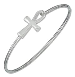 Sterling Silver Wire Bangle Bracelet with Egyptian Ankh.