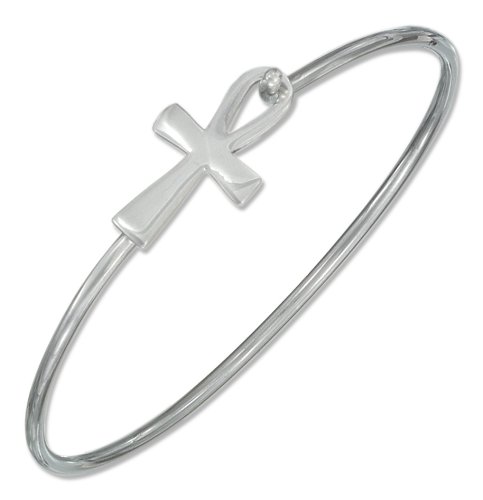 Sterling Silver Wire Bangle Bracelet with Egyptian Ankh.