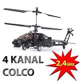 COLCO 4-Kanal 2,4Ghz RC r/c ferngesteuerter APACHE AH-64 Hubschrauber/Helikopter! Neueste GYRO-TECHNOLOGIE und mit LED’s! Flugfertig! Inkl. LiPo Akku, Fernsteuerung und viel Zubehör! 2,4GHz Modellbau-Helikopter!