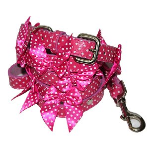 Beauty Dots Leather Dog Collar & Leash Set with Chic Bow Accents - Pink (12