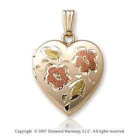 Carved Painted Flower Heart 14k Yellow Gold Locket