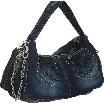 Denim Rhinestone Pockets Hobo Faded Brown