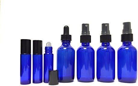 7 Pc Starter Kit Set -Travel 2 Oz Cobalt Blue Glass Bottle Refill, Aromatherapy