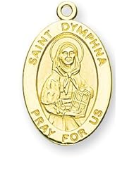 14K Gold Oval St. Dymphna w/ 14K Gold Jump Ring Boxed 1/2"x7/8" Patron Saint St. Medal Pendant Necklace In Gift Box