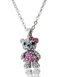 3D Bobblehead Crystal Teddy Bear with Pink Tee Shirt Necklace 16" Chain