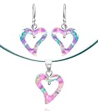Sterling Silver Dichroic Glass Translucent Pink and Light Blue Heart-Shaped Pendant and Earrings Set, 18