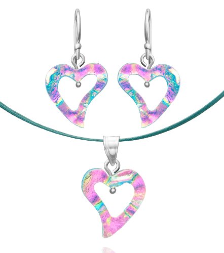 Sterling Silver Dichroic Glass Translucent Pink and Light Blue Heart-Shaped Pendant and Earrings Set, 18