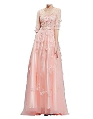 V-neck Tulle Floor Length Elbow Length Sleeves Beaded Evening Dress 