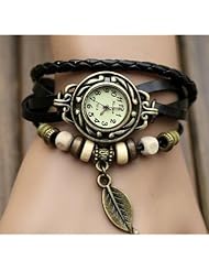 WAWO Quartz Fashion Weave Wrap Around Leather Bracelet Lady Woman Wrist Watch (Black leaf)