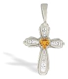 14K White Gold Genuine Heart Citrine and Diamond Cross Pendant