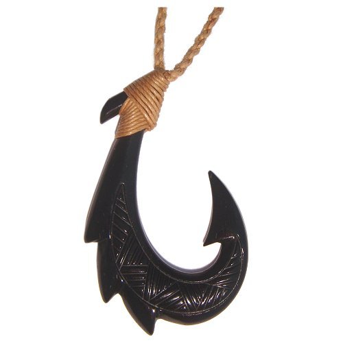 Hawaiian Jewelry Black Bone Carved Fish Hook Necklace
