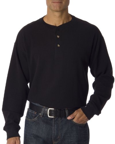 UltraClub Mens Cotton Mini Thermal Henley Shirt, Black, Large