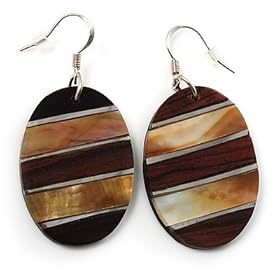 Oval Wood Shell Drop Earrings (Silver&Brown)