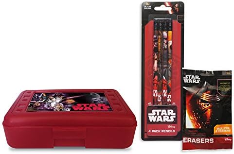 3pc SET - Star Wars Force Awakens 4pk No. 2 Pencils, Eraser Blind 2pk &amp; Red Pencil Box