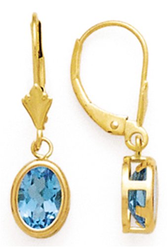 14K DANGLE OVAL BLUE TOPAZ LEVERBACK EARRINGS 8X6MM