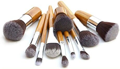 Comier Bamboo 11pcs Kabuki Makeup Brush Sets Cosmetics Foundation Blush Eyeliner Face Powder Accessories Tools Kit with Wooden Brushs and Cloth Bag +Brush Cleaning Tool Foundation Brush Tool+ Brush Cleaning Tool