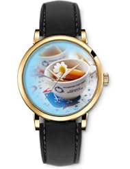 SPRAWL Aanalog Fashion Series Gold Ladies Watches of Genuine Black Leather Strap,Unique Wrist Watch for Women Girls Designed with Cup of coffee with flowers