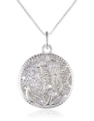 Sterling Silver Pave Crystal Circle Pendant with Flower Necklace, 18"