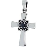 Sterling Silver Celtic Center Cross Pendant w/ Single Black CZ, w/ 18" Thin Box Chain