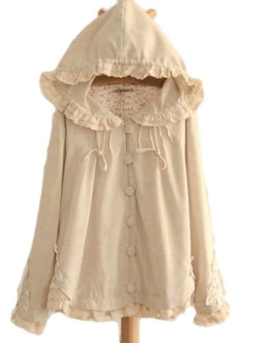 ケープ付き スプリング コート ショート フリル くるみボタン フード レース 花柄 アイボリー  フリーサイズ  カジュアル レディース 春物 上着 ジャケット カーディガン T-020