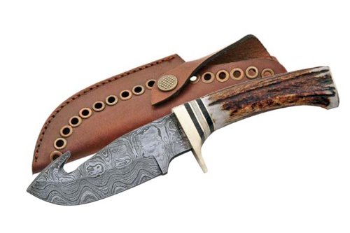 Damascus Stag - handle Guthook Skinner Knife