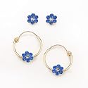 14k Yellow Gold 2 Pair Earring Set Small Sapphire Crystal 7 Stone Flower Stud With Matching U-Wire Hoop