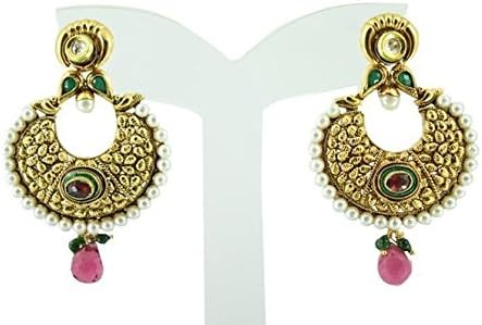 Harvi Creations Women's Polki Earrings Set Jewelry Designer Golden Pink Jhumka Pearl Jewellery