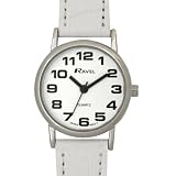 LADIES RAVEL EASY READ WHITE WATCH WITH EXTRA LONG WHITE STRAP AND CHROME CASE(R0105.09.2)