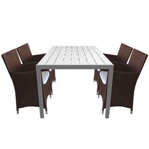 5tlg. Gartengarnitur Alu/Non Wood Tisch 150×90cm + Rattansessel in Braun