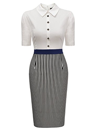 Miusol Women's Business Polo Neck Contrast stripe Short Sleeve Fitted Pencil Dress