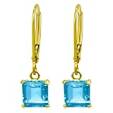 14k Yellow Gold 6mm Blue Topaz Square Dangle Leverback Earring