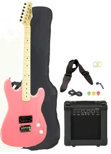 Pink Full Size Electric Guitar with Amp Case Strap Cord Picks Pack Beginner Starter Package