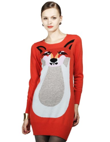 Maxchic Women's Crewneck Long Sleeve Cute Fox Print Wool-Cashmere Fine-knit Sweater Jumper Dress Q04316S12,Red,X-Small