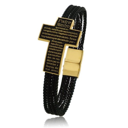 Ladies .925 Sterling Silver w/ 14k Gold Overlay Religious Prayer Cross Bracelet (Padre Nuestro)-Lrge