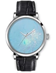 SPRAWL Aanalog Fashion Series Silver Ladies Watches of Genuine Black Leather Strap,Unique Wrist Watch for Women Girls Designed with Flowers lily on blue background