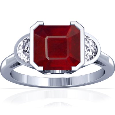 18K White Gold Emerald Cut Ruby Three Stone Ring