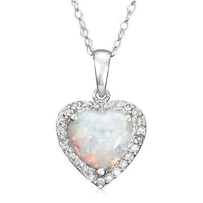 10k Choice of White or Yellow Gold, October Birthstone, Created-Opal and Diamond Heart Pendant