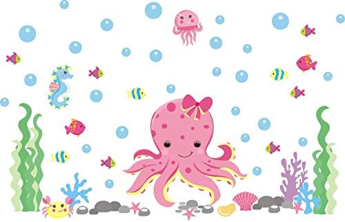 Girls Ocean Decals - Octopus Wall Decal - Pink Octopus Sticker - Bubbles &amp; Fish
