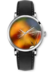 SPRAWL Aanalog Fashion Series Silver Ladies Watches of Genuine Black Leather Strap,Unique Wrist Watch for Women Girls Designed with Dandelion